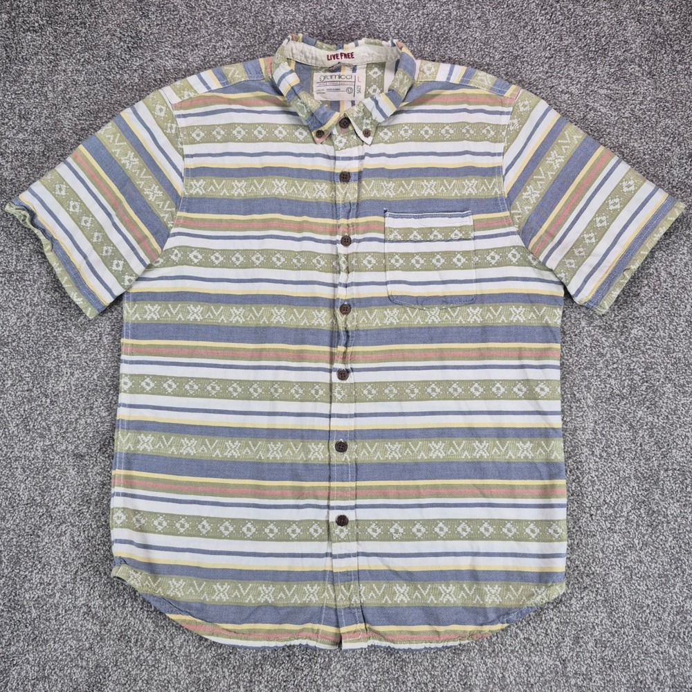 Gramicci Shirt Mens Large Multi Color Striped Aztec Short Sleeve Button Down